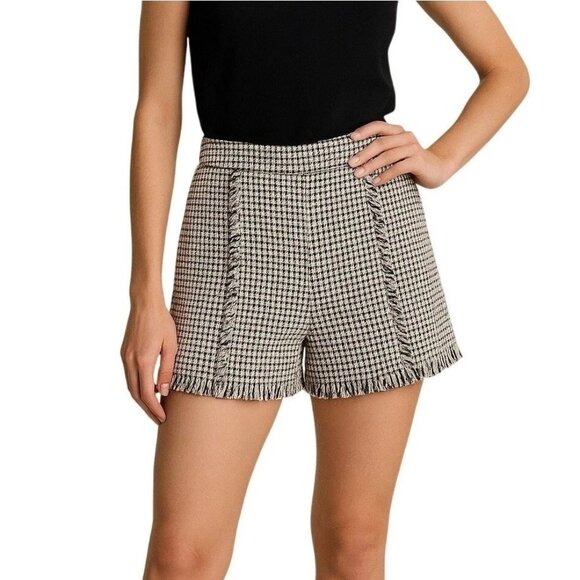 Zara Pants - ZARA Tweed High-Waisted Fringed Houndstooth Shorts Size Small
